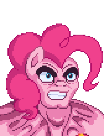 Size: 336x440 | Tagged: safe, artist:mrponiator, character:pinkie pie, animated, doom, doom comic, doomguy, glare, gritted teeth, hoof hold, male, manly, meme, muscles, open mouth, parody, party popper, pinkie pump, pixel art, rip and tear, simple background, solo, talking, transparent background, yelling
