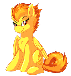 Size: 1013x1079 | Tagged: safe, artist:fizzy-dog, character:spitfire, bedroom eyes, chest fluff, female, fluffy, looking at you, simple background, sitting, smiling, solo, transparent background, vector