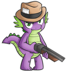 Size: 1084x1174 | Tagged: safe, artist:nolycs, character:spike, clothing, crossover, fedora, gun, hat, male, scout, shotgun, solo, team fortress 2, weapon