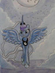 Size: 1024x1365 | Tagged: safe, artist:theroyalprincesses, character:princess luna, cloud, cloudy, female, looking at you, moon, night, smiling, solo, spread wings, traditional art, wings