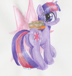 Size: 900x941 | Tagged: safe, artist:foxxy-arts, character:twilight sparkle, character:twilight sparkle (unicorn), species:pony, species:unicorn, book, carrying, dock, female, looking back, mare, plot, smiling, solo, traditional art, underhoof