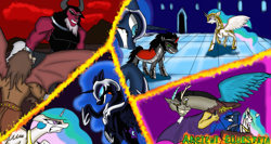 Size: 3753x2000 | Tagged: safe, artist:xxmarkingxx, character:discord, character:king sombra, character:lord tirek, character:nightmare moon, character:princess celestia, character:princess luna, character:scorpan, action pose, armor, confrontation, fall of the crystal empire, fight, floppy ears, frown, grin, gritted teeth, history, missing horn, rearing