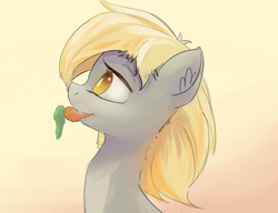 Size: 2500x1920 | Tagged: safe, artist:qweeli, character:derpy hooves, species:pony, bust, carrot, ear fluff, eating, female, gradient background, herbivore, horses doing horse things, lidded eyes, mouth hold, nom, portrait, simple background, smiling, solo