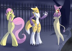Size: 2100x1500 | Tagged: safe, artist:helixjack, character:fluttershy, oc, species:anthro, species:human, arm hooves, belly button, clothing, commission, cosplay, costume, crossover, delcatty, digimon, encasement, halloween, latex, pokémon, renamon, rubber