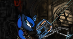Size: 1366x728 | Tagged: safe, artist:xxmarkingxx, character:princess luna, crossover, dead space, female, magic, plasma cutter, rig (dead space), solo, telekinesis, weapon