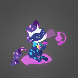Size: 1000x1000 | Tagged: safe, artist:elslowmo, character:radiance, character:rarity, episode:power ponies, g4, my little pony: friendship is magic, eyes closed, female, magic, mlpgdraws, perfume, pillow, sitting, solo
