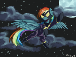 Size: 500x375 | Tagged: safe, artist:tggeko, character:rainbow dash, clothing, female, flying, latex, latex suit, mlpgdraws, moon, night, open mouth, shadowbolt dash, shadowbolts, shadowbolts costume, solo