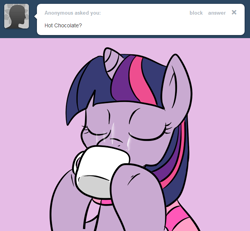 Size: 650x600 | Tagged: safe, artist:lustrous-dreams, character:twilight sparkle, ask filly twilight, ask, clothing, drink, drinking, eyes closed, female, filly, hot chocolate, mug, scarf, solo, tumblr, younger