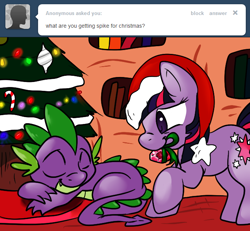 Size: 650x600 | Tagged: safe, artist:lustrous-dreams, character:spike, character:twilight sparkle, ask filly twilight, ask, christmas, christmas tree, clothing, filly, gem, hat, mouth hold, present, santa hat, sleeping, spikelove, tree, tumblr, younger