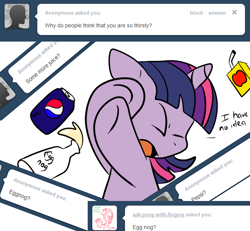 Size: 650x600 | Tagged: safe, artist:lustrous-dreams, character:twilight sparkle, ask filly twilight, ask, can, drink, eggnog, eyes closed, female, filly, juice box, pepsi, solo, tumblr, younger