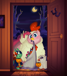 Size: 4000x4497 | Tagged: safe, artist:mellowhen, character:pinkie pie, character:steven magnet, species:chicken, species:pony, species:unicorn, animal costume, bedsheet ghost, candy, chicken pie, chicken suit, chubby, chubby cheeks, clothing, colt, costume, door, doormat, fat, fatty autumn art pony pack, filly, framed picture, ghost, halloween, male, moon, mouth hold, nightmare night, picture, piggy pie, pudgy pie, pumpkin bucket, smiling, smugdash, tree, trick or treat, wrestler