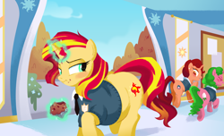 Size: 4000x2436 | Tagged: safe, artist:mellowhen, character:sunset shimmer, species:pony, species:unicorn, my little pony:equestria girls, belly, blushing, clothing, eating, fat, fatty autumn art pony pack, glare, hallway, high res, large butt, magic, messy eating, muffin, plot, princess celestia's school for gifted unicorns, school uniform, schoolgirl, show accurate, slobset shimmer, snickering, sweater, telekinesis, tree