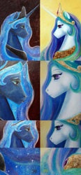 Size: 945x2028 | Tagged: safe, artist:cosmicunicorn, character:princess celestia, character:princess luna, gold, silver, traditional art