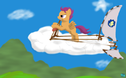 Size: 650x400 | Tagged: safe, artist:quint-t-w, character:scootaloo, species:pegasus, species:pony, clever, cloud vehicle, female, sail, scootaloo can't fly, solo