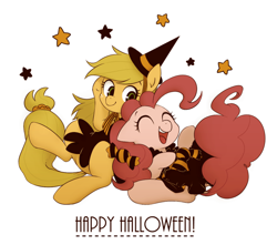 Size: 1116x988 | Tagged: safe, artist:umeguru, character:applejack, character:pinkie pie, clothing, costume, eyes closed, halloween, happy, happy halloween, hat, laughing, on back, open mouth, smiling, witch hat