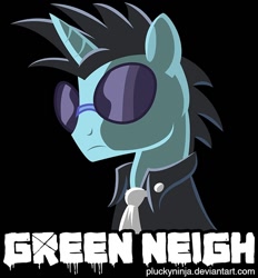 Size: 640x690 | Tagged: safe, artist:pluckyninja, character:neon lights, character:rising star, species:pony, species:unicorn, g4, black background, green day, male, parody, simple background, solo, stallion, text