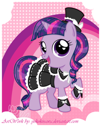 Size: 520x650 | Tagged: safe, artist:yokokinawa, character:twilight sparkle, clothing, cute, female, filly, gothic lolita, hat, lolita fashion, solo, top hat