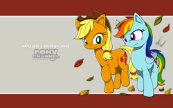Size: 1920x1200 | Tagged: safe, artist:fuzon-s, character:applejack, character:rainbow dash, episode:fall weather friends, g4, my little pony: friendship is magic, crossover, leaves, pony channel, running, running of the leaves, scene interpretation, sketch, smiling, sonic channel, sonic the hedgehog (series), style emulation, wallpaper, yuji uekawa style
