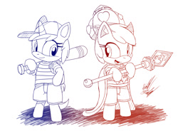 Size: 1200x885 | Tagged: safe, artist:fuzon-s, character:chirpy hooves, character:dinky hooves, species:pony, baseball bat, bipedal, cape, chirpy hooves, clothing, cosplay, crown, earthbound, gradient lineart, happy, lucas, monochrome, mother 3, ness, quill, request, scepter, sketch, smiling