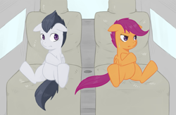 Size: 1013x660 | Tagged: safe, artist:elslowmo, artist:japananon, artist:昔の傷口, character:rumble, character:scootaloo, species:pegasus, species:pony, ship:rumbloo, car, colt, crossed hooves, female, filly, floppy ears, male, riding, shipping, sitting, straight, sweat