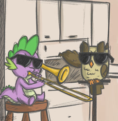 Size: 821x845 | Tagged: safe, artist:nolycs, character:owlowiscious, character:spike, glasses, meme, stool, sunglasses, swag, trombone, vine video, when mama isn't home
