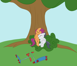 Size: 994x857 | Tagged: safe, artist:elslowmo, character:rumble, character:scootaloo, species:pegasus, species:pony, ship:rumbloo, colt, female, filly, male, original artist unknown, scooter, shipping, sleeping, straight, tree