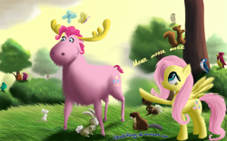 Size: 1000x625 | Tagged: safe, artist:deathpwny, character:fluttershy, character:pinkie pie, species:bird, species:rabbit, beaver, look a moose, moose