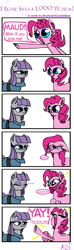 Size: 789x2681 | Tagged: safe, artist:mushroomcookiebear, character:maud pie, character:pinkie pie, blinking, blushing, comic, crying, cute, dialogue, diapinkes, ear fluff, exclamation point, eyes closed, happy, looking at each other, maudabetes, open mouth, pointing, raised hoof, sad, simple background, smiling, underhoof