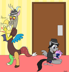 Size: 874x915 | Tagged: safe, artist:rapidstrike, oc, oc only, oc:midnight tales, species:pegasus, species:pony, clothing, commission, fedora, hat, hidden message, investigation, mafia, playpony, raised eyebrow, thinking, ugly hat