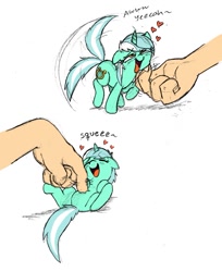Size: 861x1053 | Tagged: safe, artist:elslowmo, artist:mickeymonster, character:lyra heartstrings, species:human, species:pony, behaving like a dog, bellyrubs, chin scratch, cute, hand, heart, human fetish, humie, lyrabetes, micro, open mouth, squee, tail wag, that pony sure does love hands, tickling, tiny ponies, weapons-grade cute