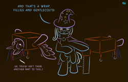 Size: 855x550 | Tagged: safe, artist:quint-t-w, character:trixie, character:twilight sparkle, character:twilight sparkle (alicorn), species:alicorn, species:pony, box, box sawing trick, crosscut saw, dialogue, female, gradient background, half, magic, magic trick, mare, modular, saw