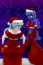 Size: 1200x1800 | Tagged: safe, artist:skecchiart, character:princess celestia, character:princess luna, species:anthro, bandeau, belly button, blushing, boots, chimney, christmas is cancelled, clothing, cracking up, evening gloves, hat, laughing, midriff, santa costume, santa hat, skirt, snow, stuck