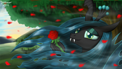 Size: 2500x1406 | Tagged: safe, artist:bonaxor, character:queen chrysalis, species:changeling, changeling queen, cute, cutealis, female, flower, rose
