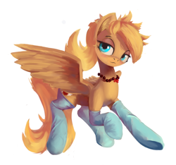 Size: 1788x1672 | Tagged: safe, artist:qweeli, oc, oc only, oc:sacred heart, species:pegasus, species:pony, bedroom eyes, blushing, clothing, cross, necklace, socks, solo, spread wings, wings