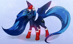 Size: 2127x1300 | Tagged: safe, artist:darkestmbongo, character:princess luna, species:alicorn, species:pony, boots, clothing, female, glowing eyes, hat, mare, santa hat, snow, snowfall, socks, solo, winter