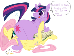 Size: 2012x1530 | Tagged: safe, artist:elslowmo, edit, character:fluttershy, character:twilight sparkle, blushing, chubby, dialogue, facesitting, fat, fat edit, flutterseat, submission, sweat, twidom
