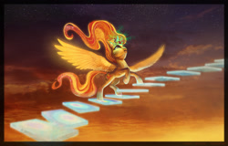 Size: 1600x1021 | Tagged: safe, artist:cosmicunicorn, character:sunset shimmer, species:alicorn, species:pony, alicornified, crying, female, race swap, shimmercorn, solo, stairs, sunset