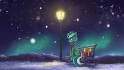 Size: 2400x1350 | Tagged: safe, artist:ardail, character:lyra heartstrings, species:pony, species:unicorn, aurora borealis, bench, clothing, female, lamppost, mare, mountain, night, night sky, present, scarf, sitting, sky, snow, snowfall, solo, streetlight, waiting, winter