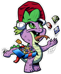 Size: 1887x2298 | Tagged: safe, artist:gray--day, character:spike, clothing, gem, hat, jewels, male, open mouth, santa hat, solo, tongue out
