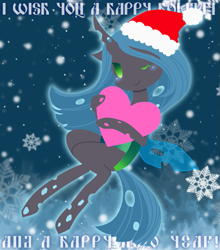 Size: 827x940 | Tagged: safe, artist:divided-s, character:queen chrysalis, christmas, clothing, female, hat, santa hat, snow, snowfall, snowflake, solo, wink, winter