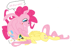 Size: 2451x1589 | Tagged: safe, artist:elslowmo, edit, character:fluttershy, character:pinkie pie, blushing, chubby, facesitting, fat, fat edit, flutterseat, obese, sweat