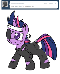 Size: 673x821 | Tagged: safe, artist:lustrous-dreams, character:twilight sparkle, ask filly twilight, ask, clothing, eyepatch, female, filly, future twilight, solo, tumblr, younger