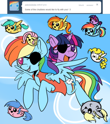 Size: 750x845 | Tagged: safe, artist:lustrous-dreams, character:derpy hooves, character:firefly, character:fluttershy, character:rainbow dash, character:spitfire, character:sunshower raindrops, character:surprise, character:twilight sparkle, species:pegasus, species:pony, species:unicorn, ask filly twilight, chubbie, g1, ask, clothing, ear piercing, eyepatch, female, filly, flying, mare, piercing, pirate, pirate dash, riding, tumblr, younger