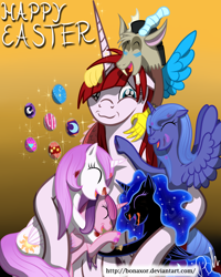 Size: 4000x5000 | Tagged: safe, artist:bonaxor, character:discord, character:nightmare moon, character:princess cadance, character:princess celestia, character:princess luna, oc, oc:dream, oc:fausticorn, species:alicorn, species:pony, absurd resolution, female, gradient background, group hug, lauren faust, mare, s1 luna
