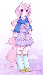 Size: 460x807 | Tagged: safe, artist:divided-s, character:princess celestia, species:anthro, bipedal, blushing, clothing, coat, female, looking at you, necklace, open mouth, pink-mane celestia, scarf, semi-anthro, smiling, socks, solo