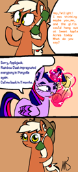 Size: 512x1120 | Tagged: source needed, useless source url, safe, artist:mushroomcookiebear, edit, character:applejack, character:twilight sparkle, character:twilight sparkle (alicorn), species:alicorn, species:pony, comic, dialogue, female, implied futa, implied rainbow dash, mare, phone, pregnant, wat, wrong color