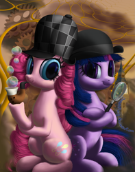 Size: 1579x2000 | Tagged: safe, artist:deathpwny, character:pinkie pie, character:twilight sparkle, bubble pipe, detective, magnifying glass, pipe
