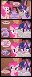 Size: 1500x3584 | Tagged: safe, artist:veggie55, character:pinkie pie, character:twilight sparkle, comic, newspaper