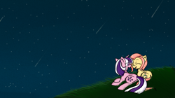 Size: 1280x719 | Tagged: safe, artist:lustrous-dreams, character:posey, character:twilight sparkle, species:earth pony, species:pony, species:unicorn, g1, ask, ask original twilight, duo, g1 to g4, generation leap, night, outdoors, prone, shooting star, smiling, stars, talking, tumblr, wallpaper