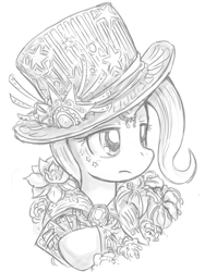 Size: 600x800 | Tagged: safe, artist:saturnspace, character:trixie, species:pony, species:unicorn, clothing, female, hat, mare, monochrome, solo, steampunk, top hat